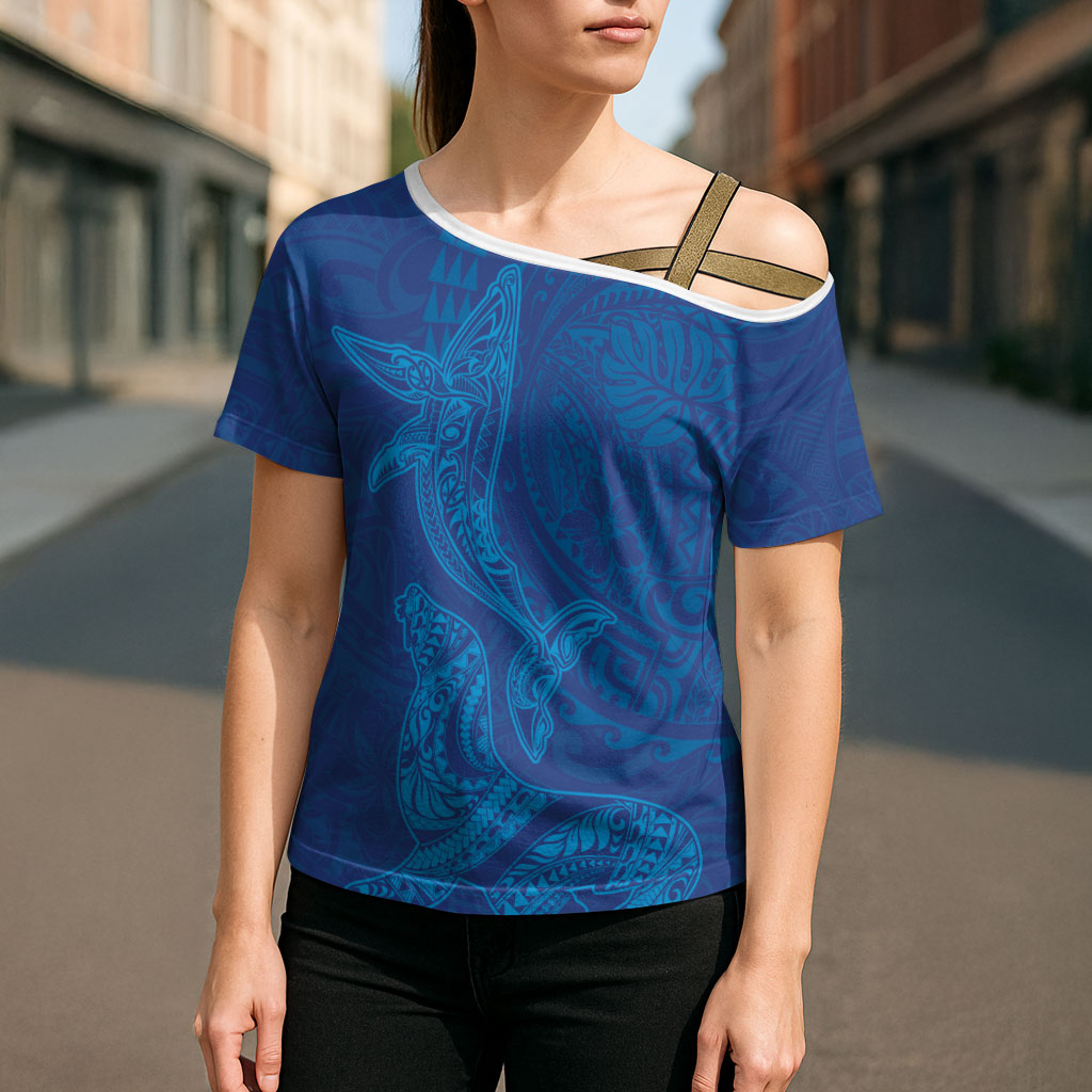 Hawaiian Monk Seal and Whale Cross Shoulder Shirt Kakau Tribal Pattern Blue Color