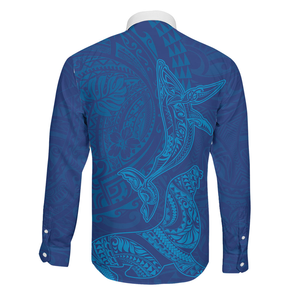 Hawaiian Monk Seal and Whale Family Matching Long Sleeve Bodycon Dress and Hawaiian Shirt Kakau Tribal Pattern Blue Color LT03 - Polynesian Pride