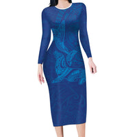Hawaiian Monk Seal and Whale Family Matching Long Sleeve Bodycon Dress and Hawaiian Shirt Kakau Tribal Pattern Blue Color LT03 Mom's Dress Blue - Polynesian Pride