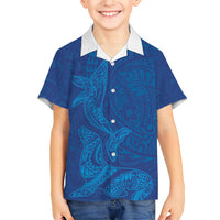 Hawaiian Monk Seal and Whale Family Matching Mermaid Dress and Hawaiian Shirt Kakau Tribal Pattern Blue Color LT03 Son's Shirt Blue - Polynesian Pride