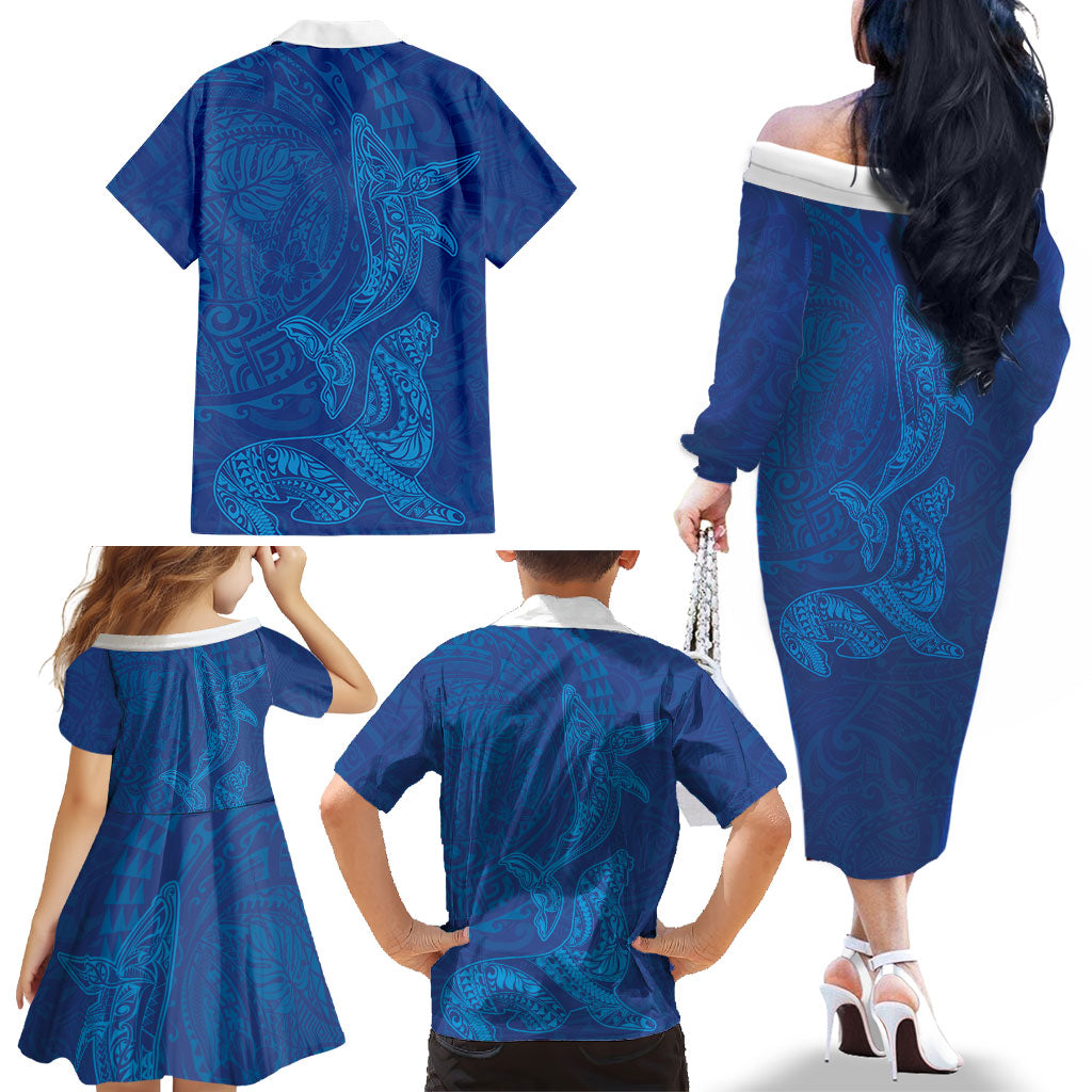 Hawaiian Monk Seal and Whale Family Matching Off The Shoulder Long Sleeve Dress and Hawaiian Shirt Kakau Tribal Pattern Blue Color LT03 - Polynesian Pride