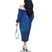 Hawaiian Monk Seal and Whale Family Matching Off The Shoulder Long Sleeve Dress and Hawaiian Shirt Kakau Tribal Pattern Blue Color LT03 - Polynesian Pride