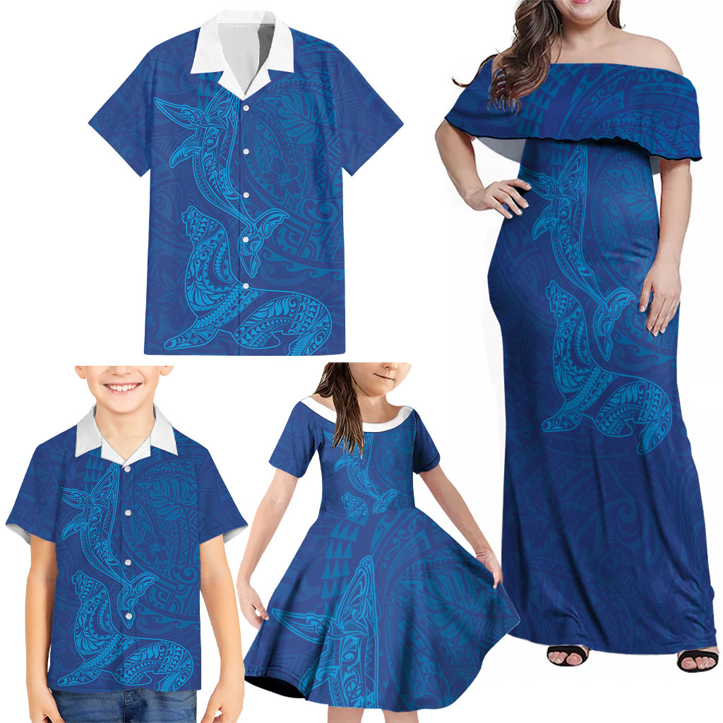 Hawaiian Monk Seal and Whale Family Matching Off Shoulder Maxi Dress and Hawaiian Shirt Kakau Tribal Pattern Blue Color LT03 - Polynesian Pride