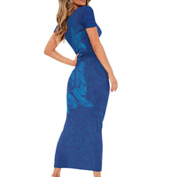Hawaiian Monk Seal and Whale Family Matching Short Sleeve Bodycon Dress and Hawaiian Shirt Kakau Tribal Pattern Blue Color LT03 - Polynesian Pride