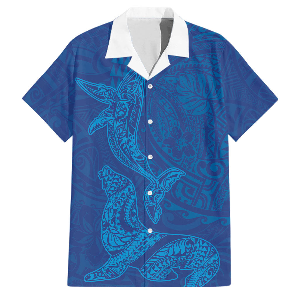 Hawaiian Monk Seal and Whale Family Matching Summer Maxi Dress and Hawaiian Shirt Kakau Tribal Pattern Blue Color LT03 Dad's Shirt - Short Sleeve Blue - Polynesian Pride