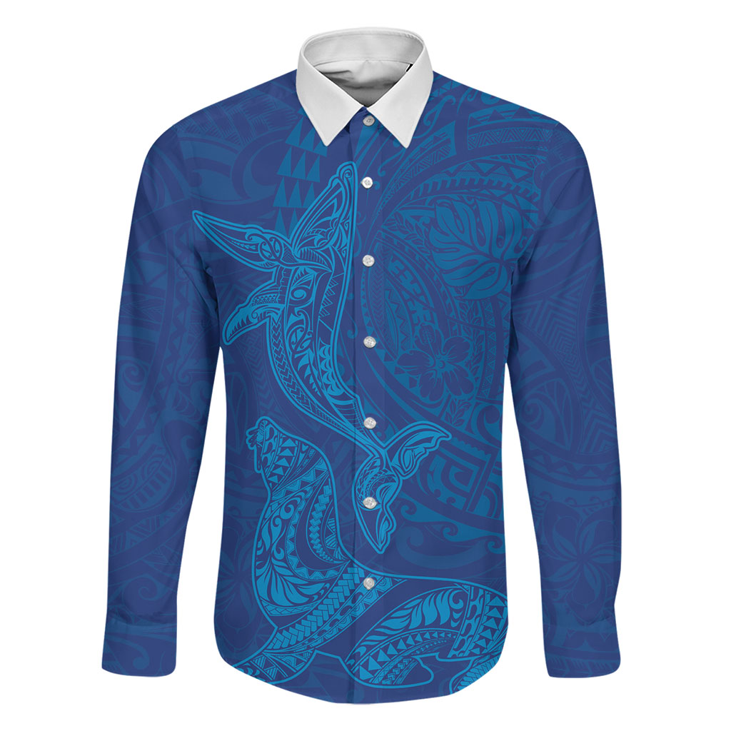 Hawaiian Monk Seal and Whale Family Matching Summer Maxi Dress and Hawaiian Shirt Kakau Tribal Pattern Blue Color LT03 Dad's Shirt - Long Sleeve Blue - Polynesian Pride