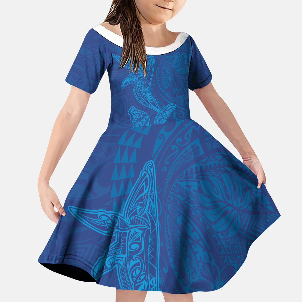 Hawaiian Monk Seal and Whale Family Matching Tank Maxi Dress and Hawaiian Shirt Kakau Tribal Pattern Blue Color LT03 Daughter's Dress Blue - Polynesian Pride