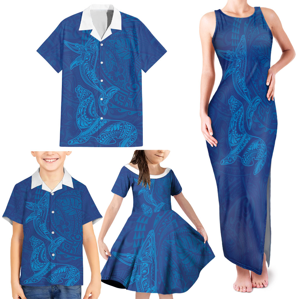 Hawaiian Monk Seal and Whale Family Matching Tank Maxi Dress and Hawaiian Shirt Kakau Tribal Pattern Blue Color LT03 - Polynesian Pride