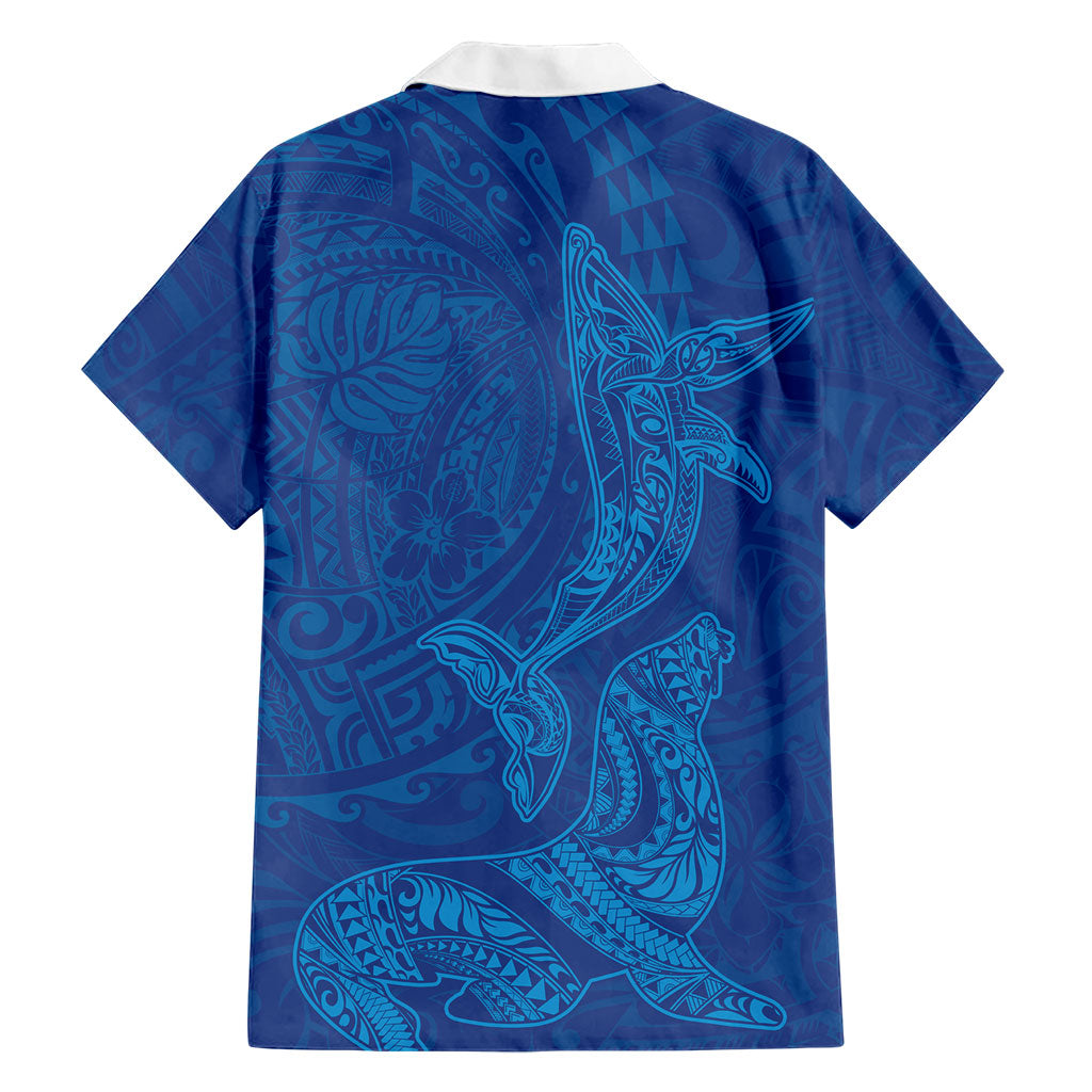 Hawaiian Monk Seal and Whale Family Matching Tank Maxi Dress and Hawaiian Shirt Kakau Tribal Pattern Blue Color LT03 - Polynesian Pride