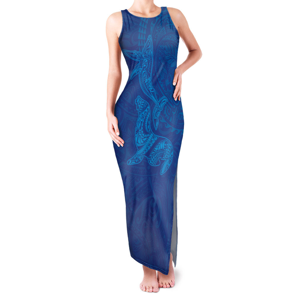 Hawaiian Monk Seal and Whale Family Matching Tank Maxi Dress and Hawaiian Shirt Kakau Tribal Pattern Blue Color LT03 Mom's Dress Blue - Polynesian Pride