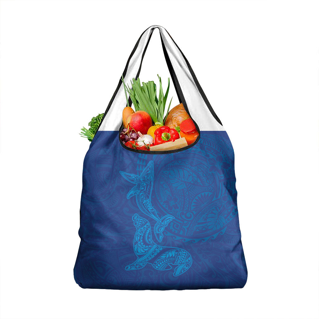 Hawaiian Monk Seal and Whale Grocery Bag Kakau Tribal Pattern Blue Color