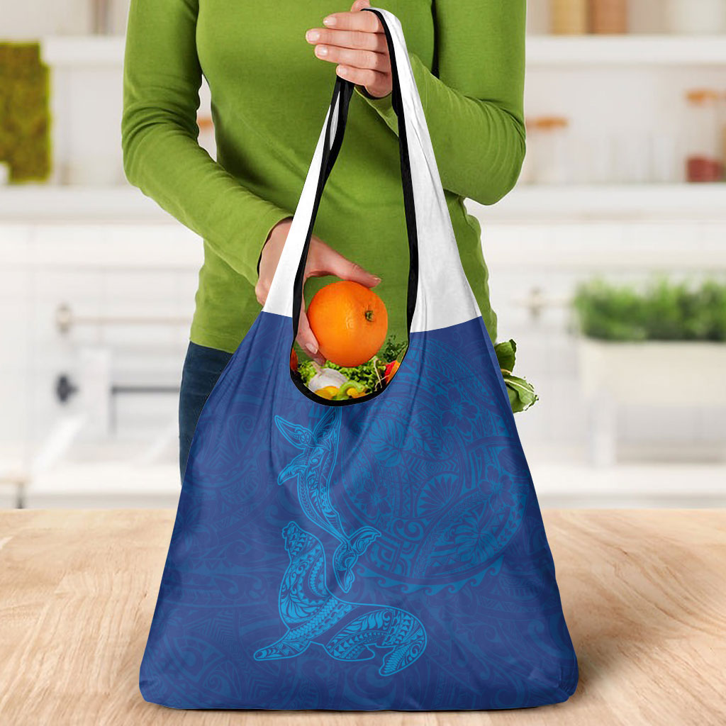Hawaiian Monk Seal and Whale Grocery Bag Kakau Tribal Pattern Blue Color
