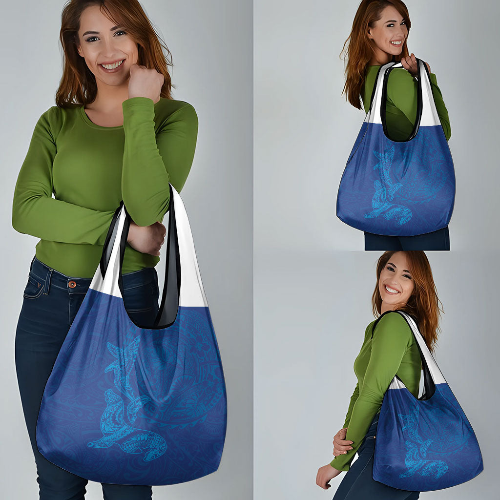 Hawaiian Monk Seal and Whale Grocery Bag Kakau Tribal Pattern Blue Color
