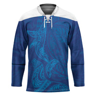 Hawaiian Monk Seal and Whale Hockey Jersey Kakau Tribal Pattern Blue Color