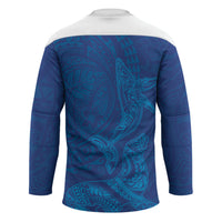 Hawaiian Monk Seal and Whale Hockey Jersey Kakau Tribal Pattern Blue Color