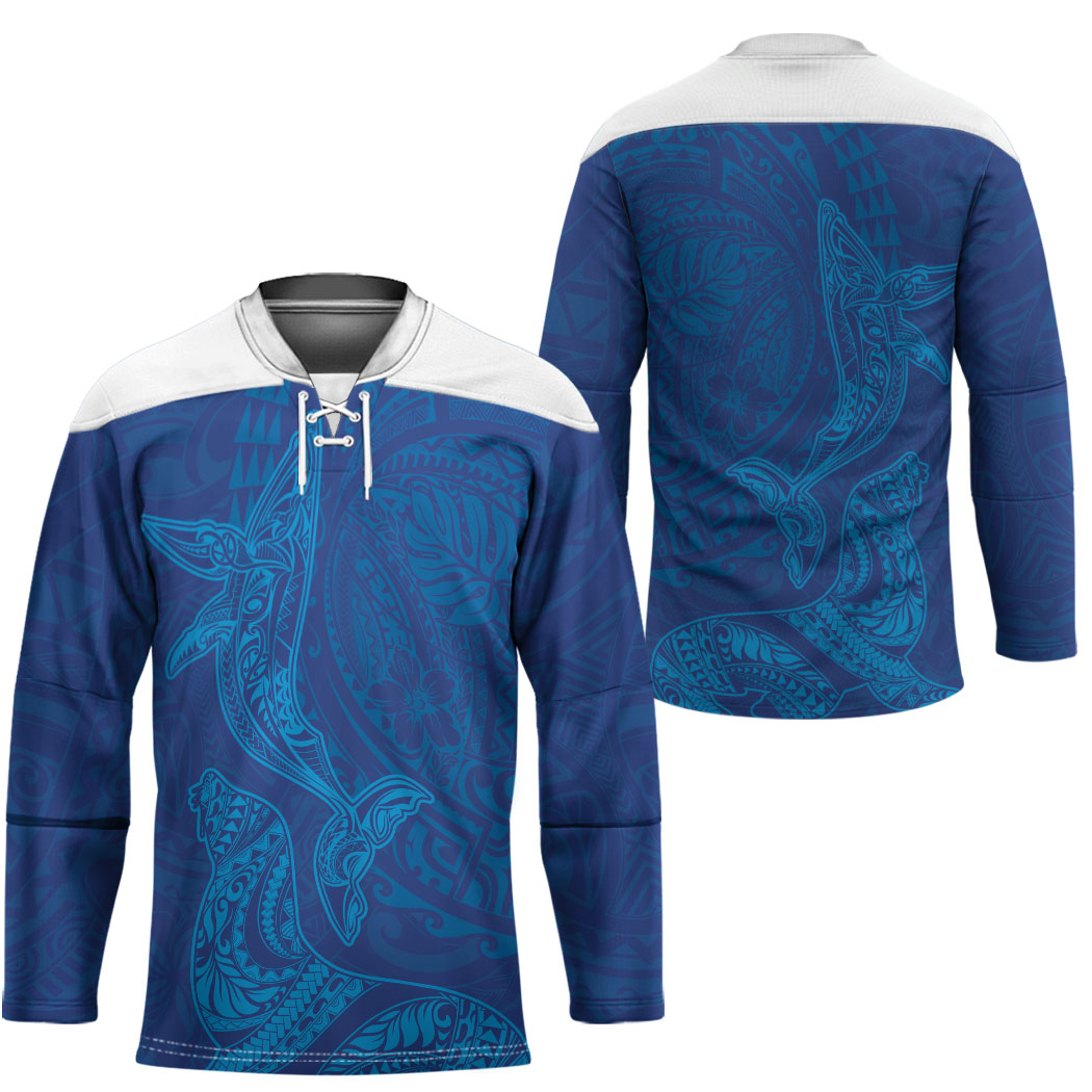 Hawaiian Monk Seal and Whale Hockey Jersey Kakau Tribal Pattern Blue Color
