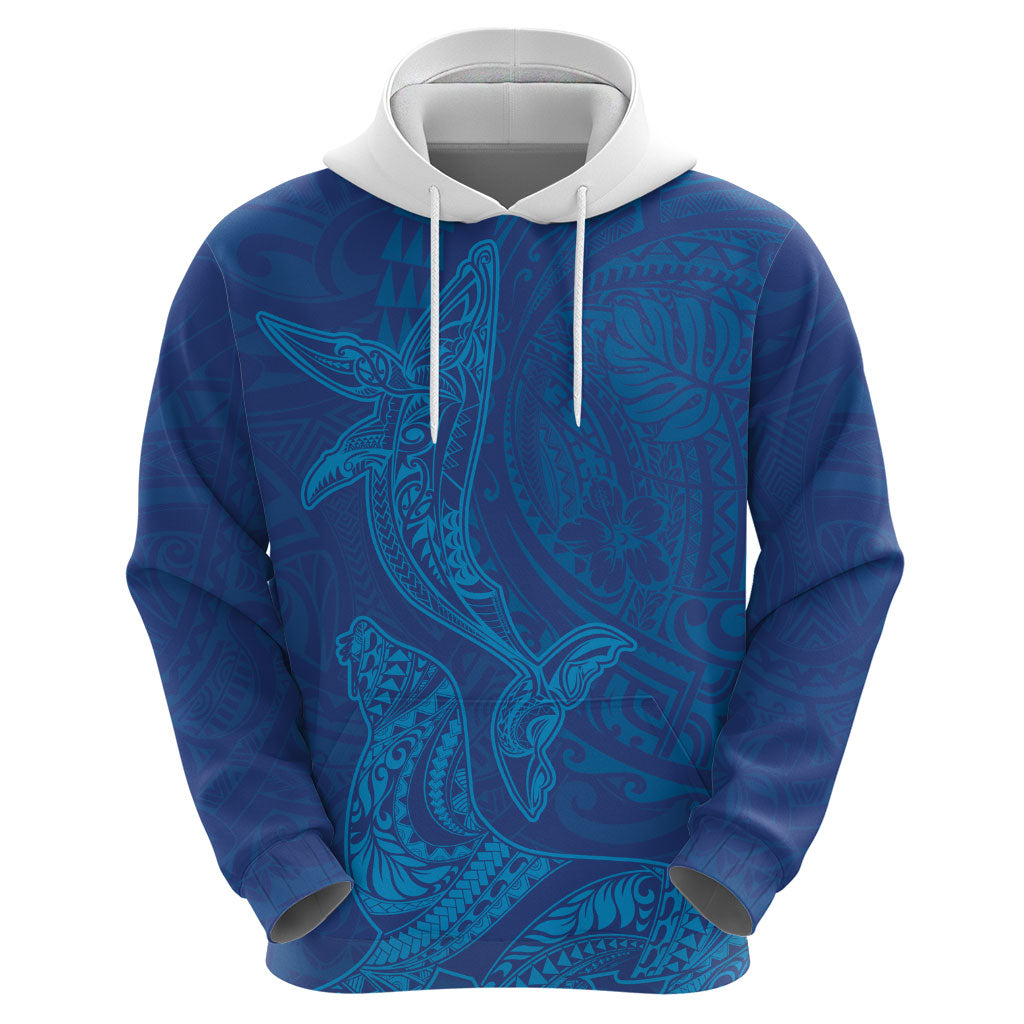 Hawaiian Monk Seal and Whale Hoodie Kakau Tribal Pattern Blue Color