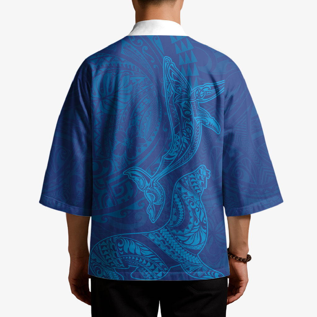 Hawaiian Monk Seal and Whale Kimono Kakau Tribal Pattern Blue Color