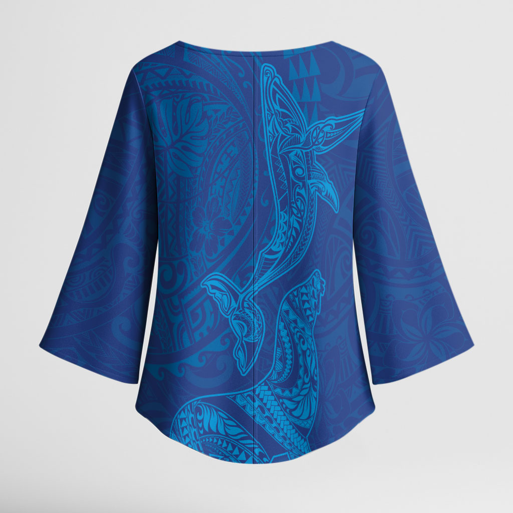 Hawaiian Monk Seal and Whale Kimono Sleeve Blouse Kakau Tribal Pattern Blue Color