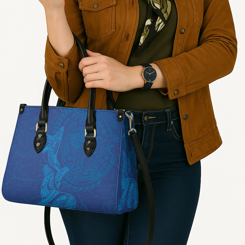 Hawaiian Monk Seal and Whale Leather Bag Kakau Tribal Pattern Blue Color