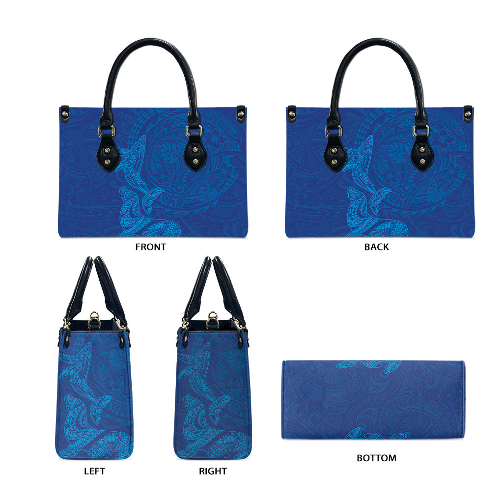 Hawaiian Monk Seal and Whale Leather Bag Kakau Tribal Pattern Blue Color