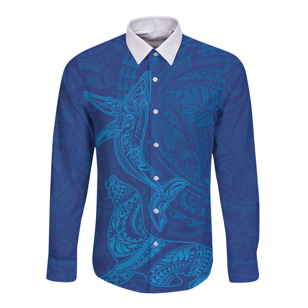 Hawaiian Monk Seal and Whale Long Sleeve Button Shirt Kakau Tribal Pattern Blue Color