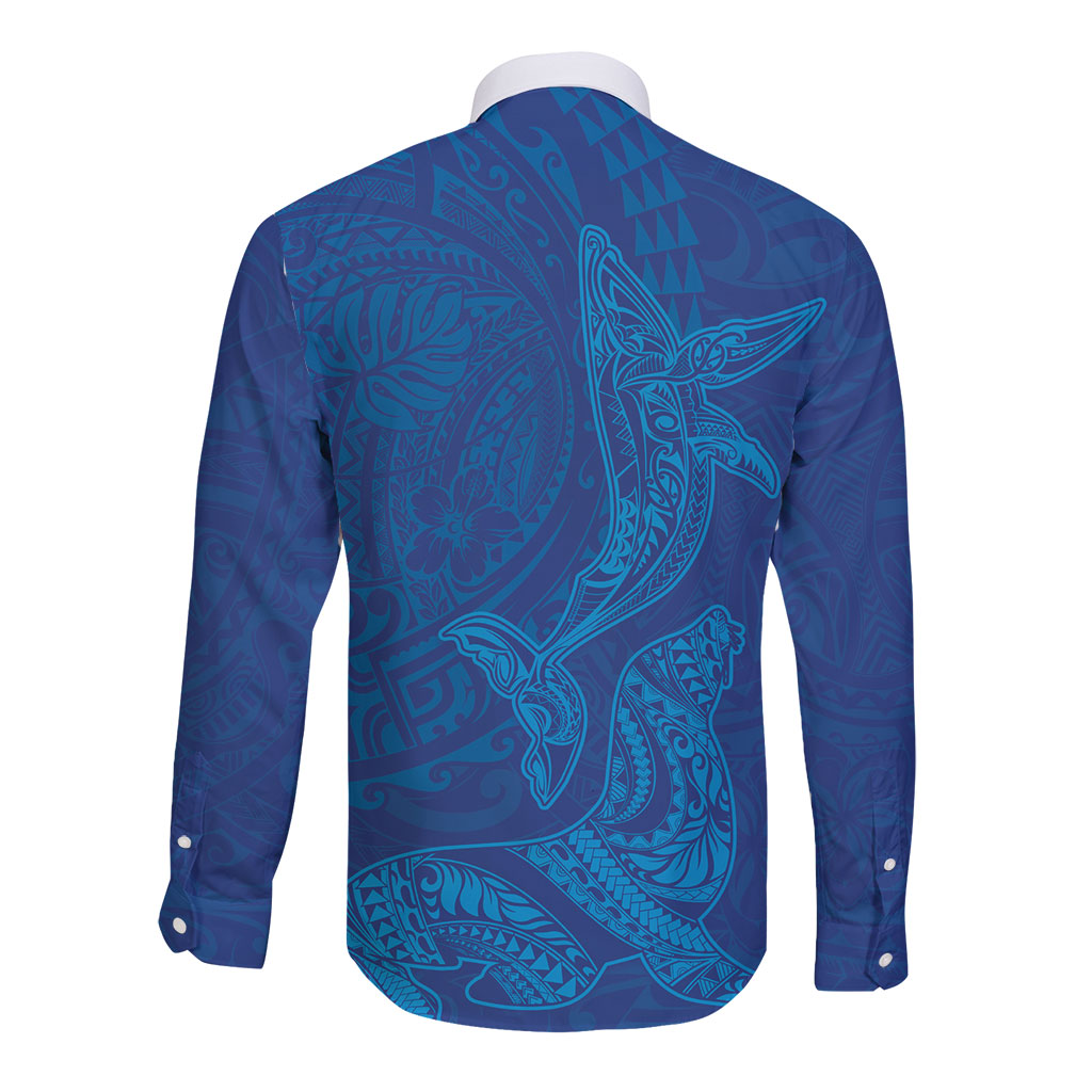 Hawaiian Monk Seal and Whale Long Sleeve Button Shirt Kakau Tribal Pattern Blue Color