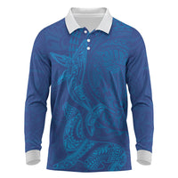 Hawaiian Monk Seal and Whale Long Sleeve Polo Shirt Kakau Tribal Pattern Blue Color
