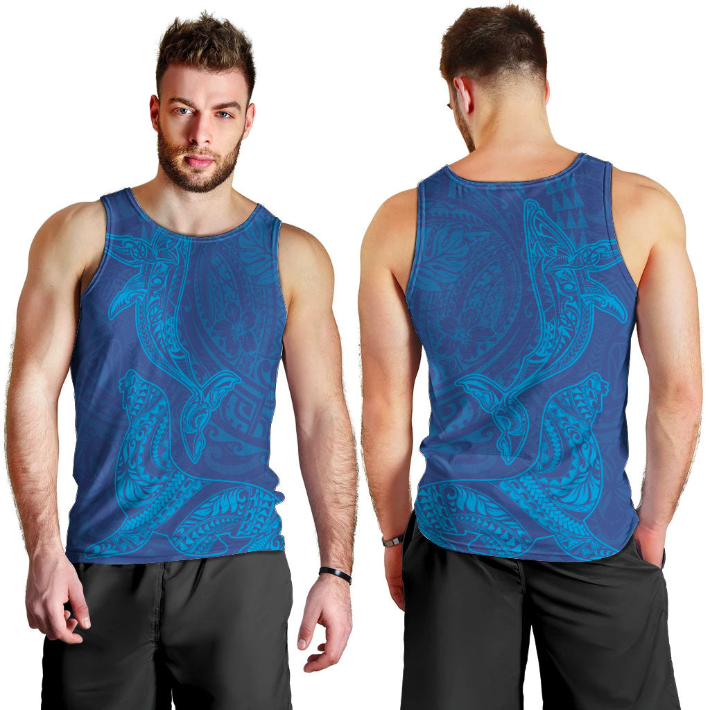 Hawaiian Monk Seal and Whale Men Tank Top Kakau Tribal Pattern Blue Color