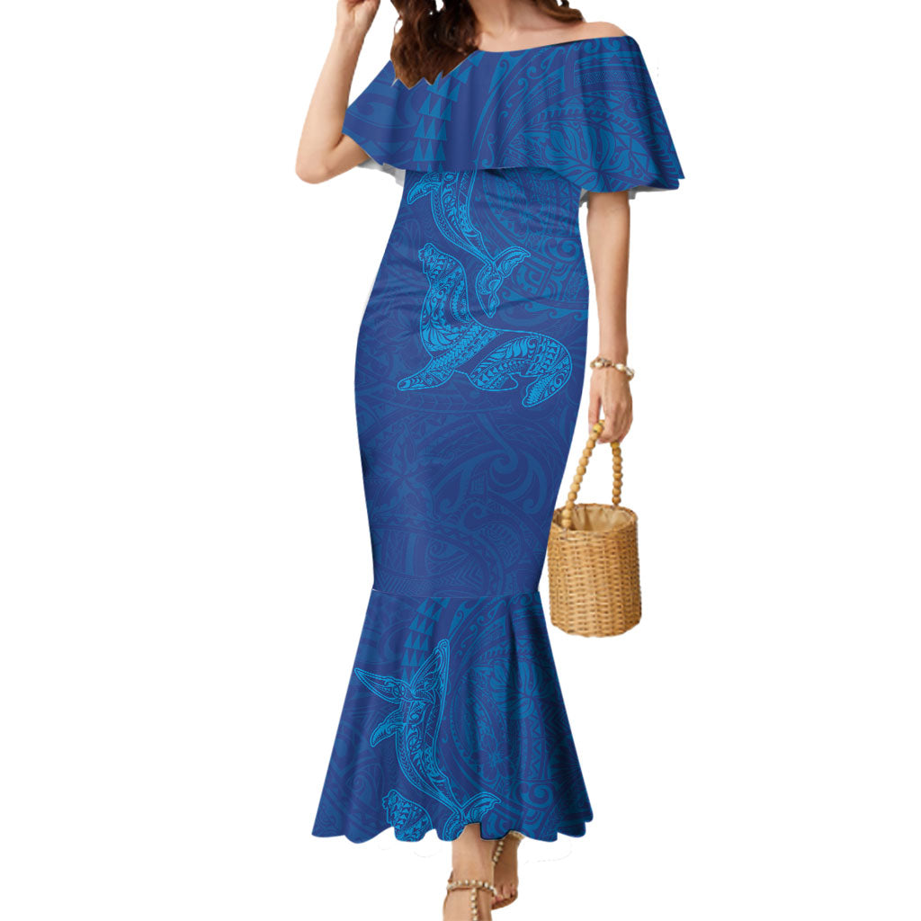 Hawaiian Monk Seal and Whale Mermaid Dress Kakau Tribal Pattern Blue Color