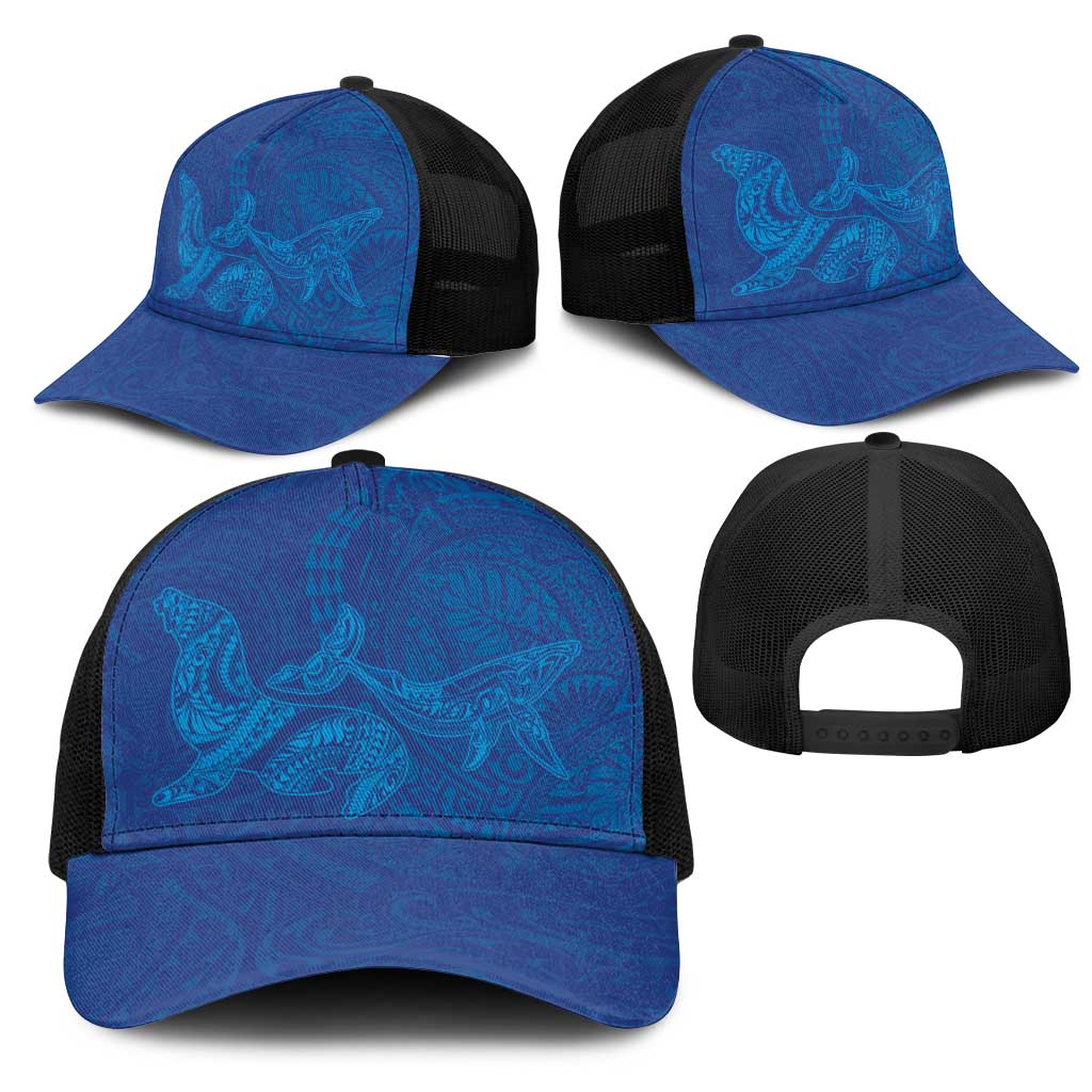Hawaiian Monk Seal and Whale Mesh Trucker Cap Kakau Tribal Pattern Blue Color