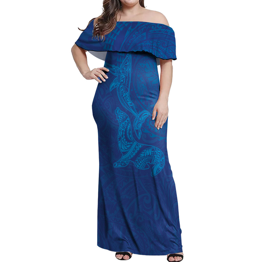Hawaiian Monk Seal and Whale Off Shoulder Maxi Dress Kakau Tribal Pattern Blue Color