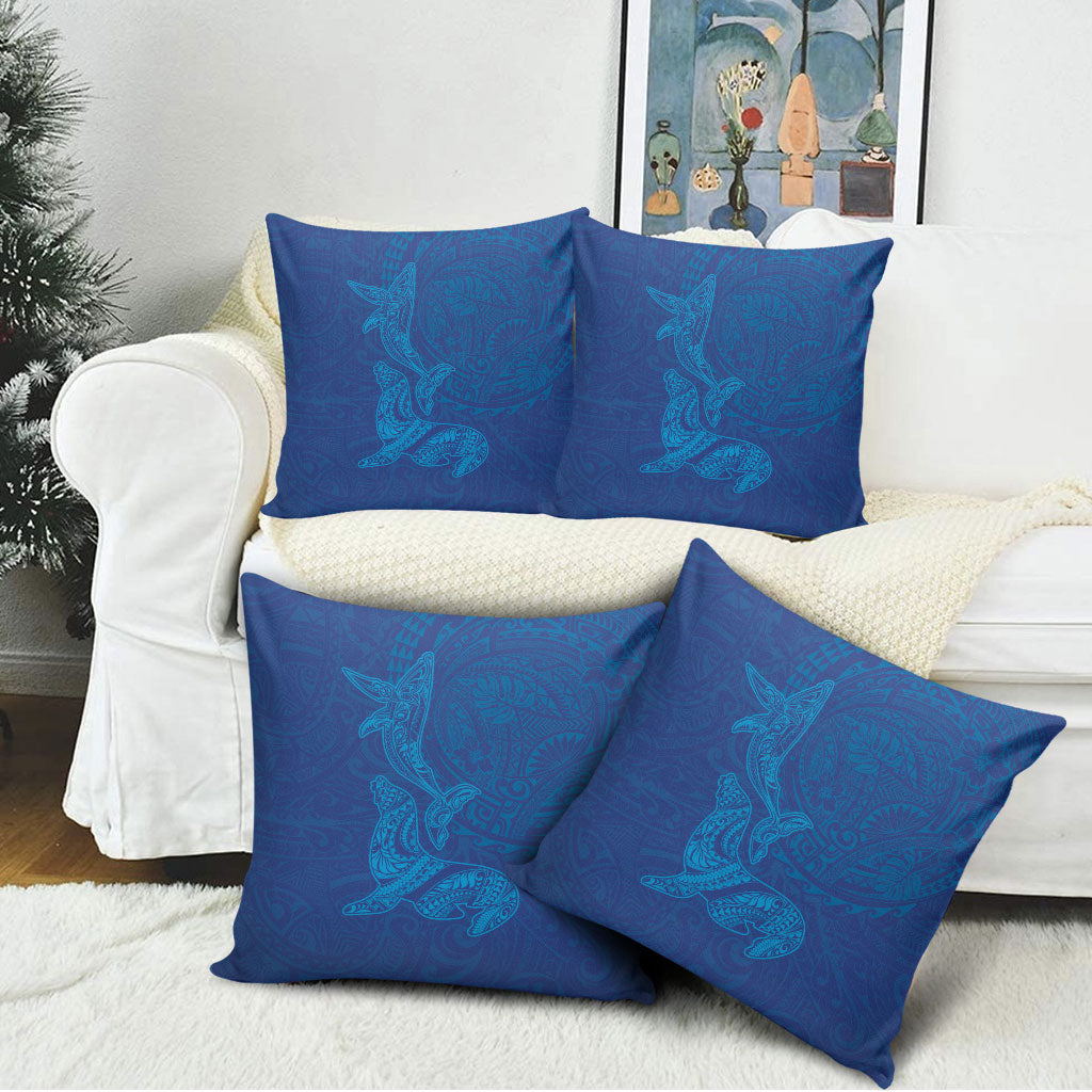 Hawaiian Monk Seal and Whale Pillow Cover Kakau Tribal Pattern Blue Color