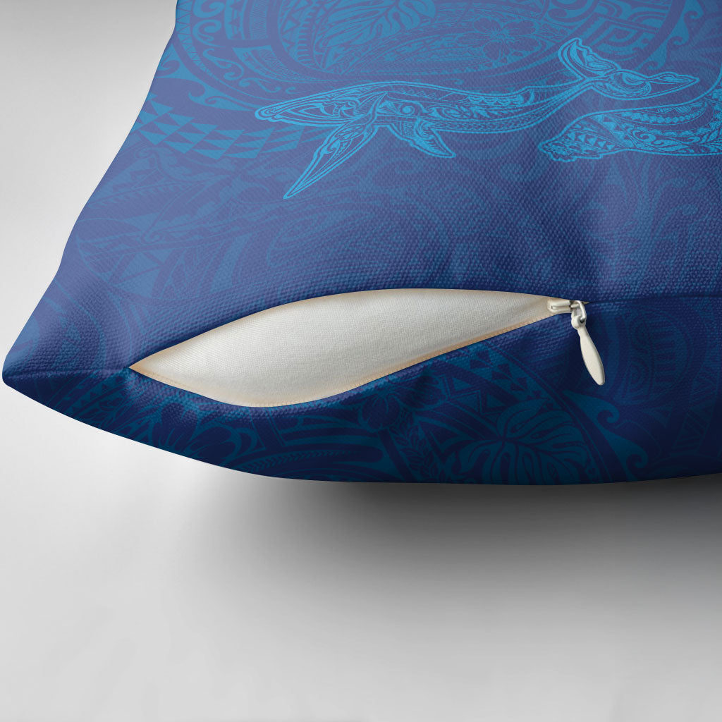 Hawaiian Monk Seal and Whale Pillow Cover Kakau Tribal Pattern Blue Color