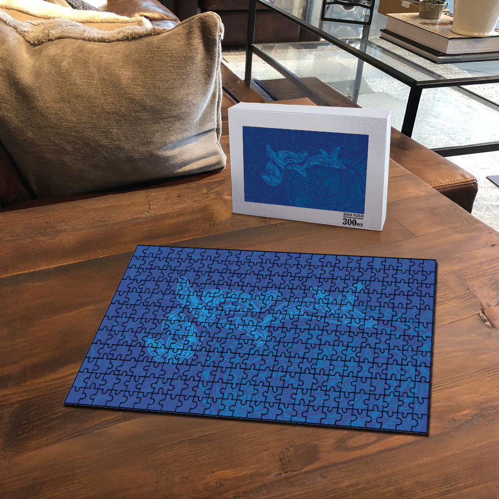 Hawaiian Monk Seal and Whale Puzzle Kakau Tribal Pattern Blue Color
