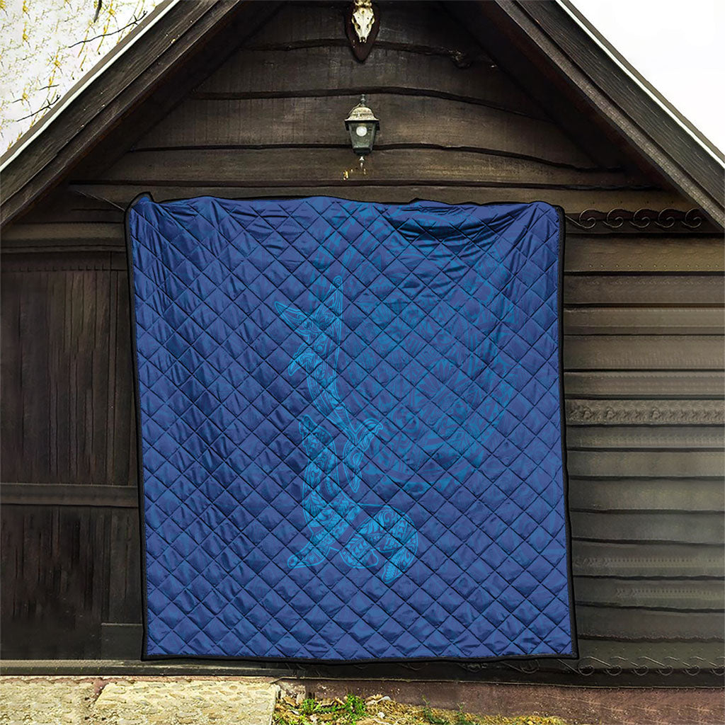 Hawaiian Monk Seal and Whale Quilt Kakau Tribal Pattern Blue Color