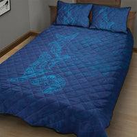 Hawaiian Monk Seal and Whale Quilt Bed Set Kakau Tribal Pattern Blue Color