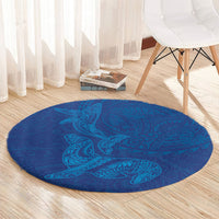 Hawaiian Monk Seal and Whale Round Carpet Kakau Tribal Pattern Blue Color