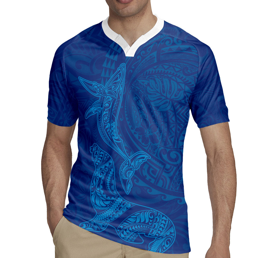 Hawaiian Monk Seal and Whale Rugby Jersey Kakau Tribal Pattern Blue Color