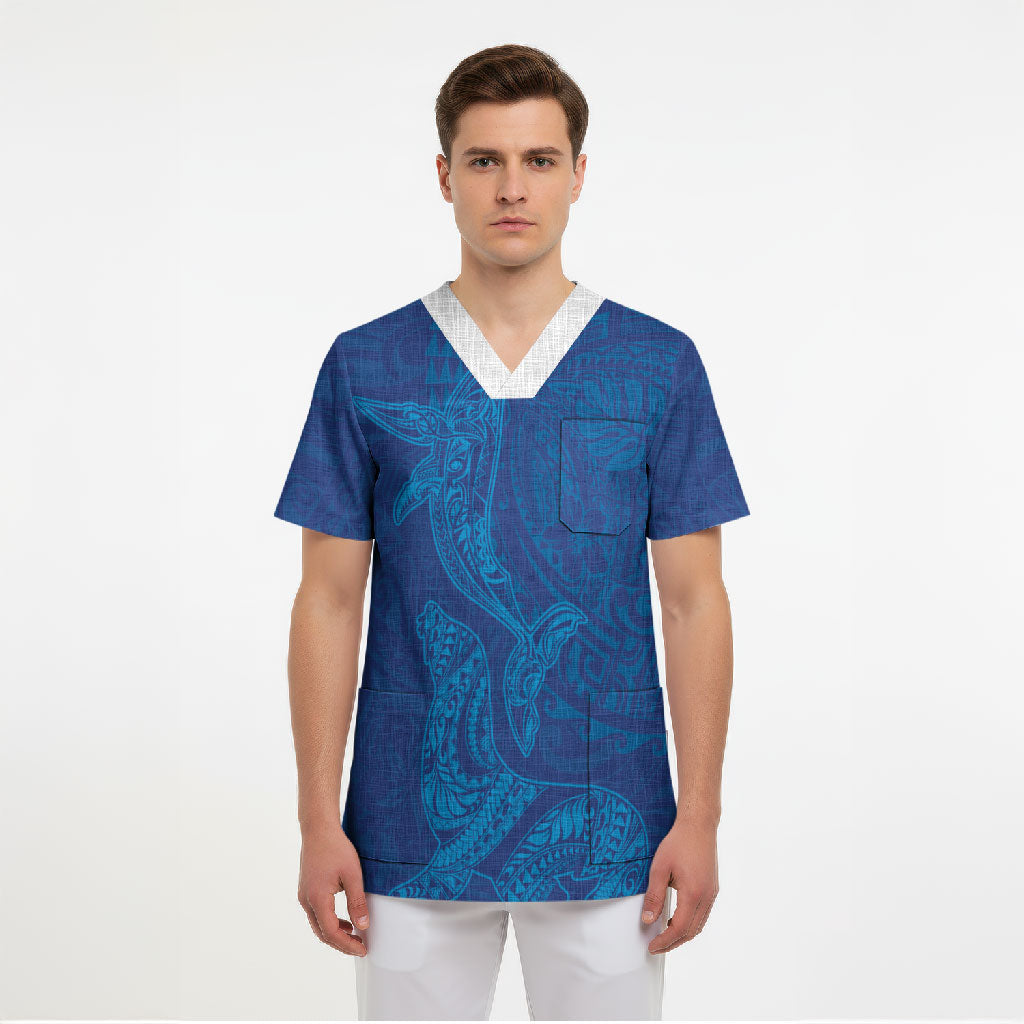Hawaiian Monk Seal and Whale Scrub Top Kakau Tribal Pattern Blue Color