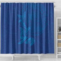 Hawaiian Monk Seal and Whale Shower Curtain Kakau Tribal Pattern Blue Color