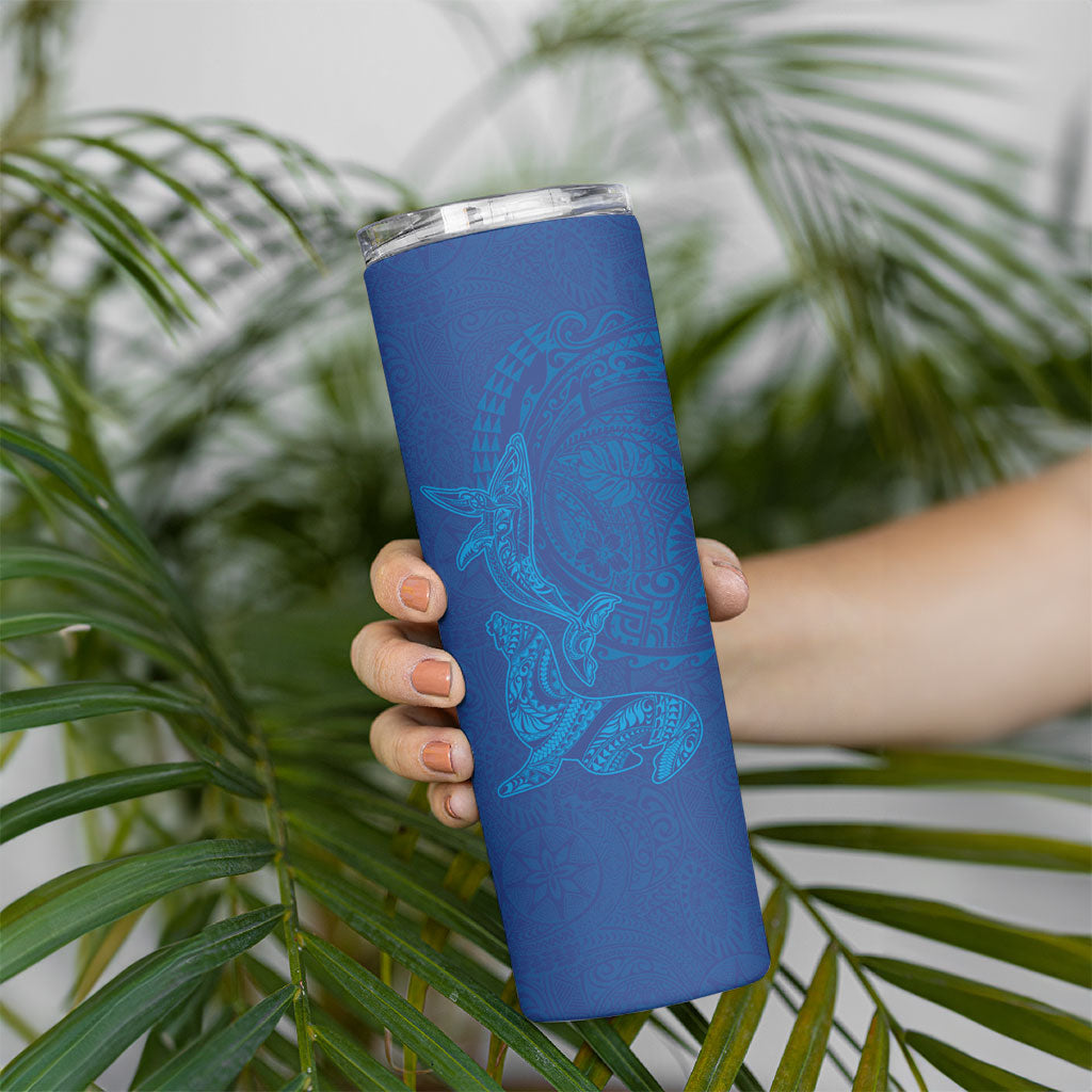 Hawaiian Monk Seal and Whale Skinny Tumbler Kakau Tribal Pattern Blue Color