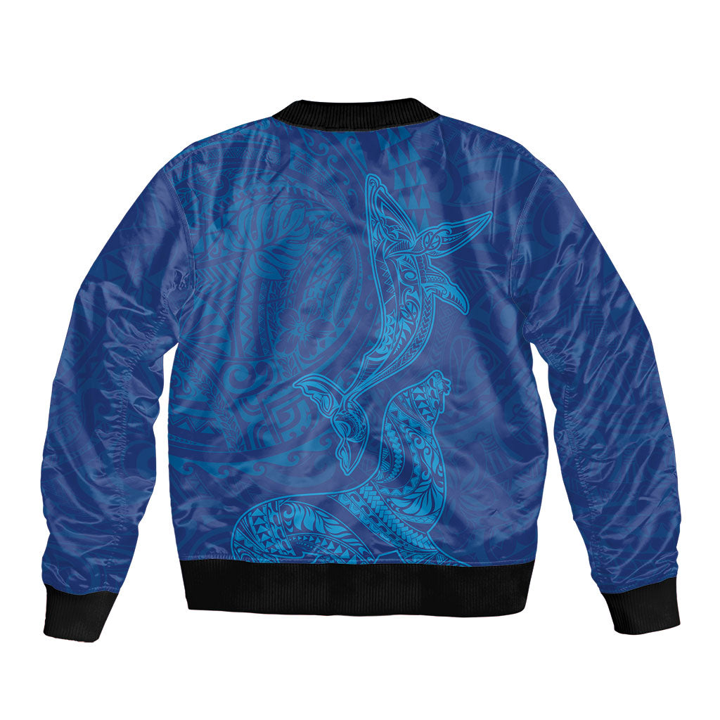 Hawaiian Monk Seal and Whale Sleeve Zip Bomber Jacket Kakau Tribal Pattern Blue Color