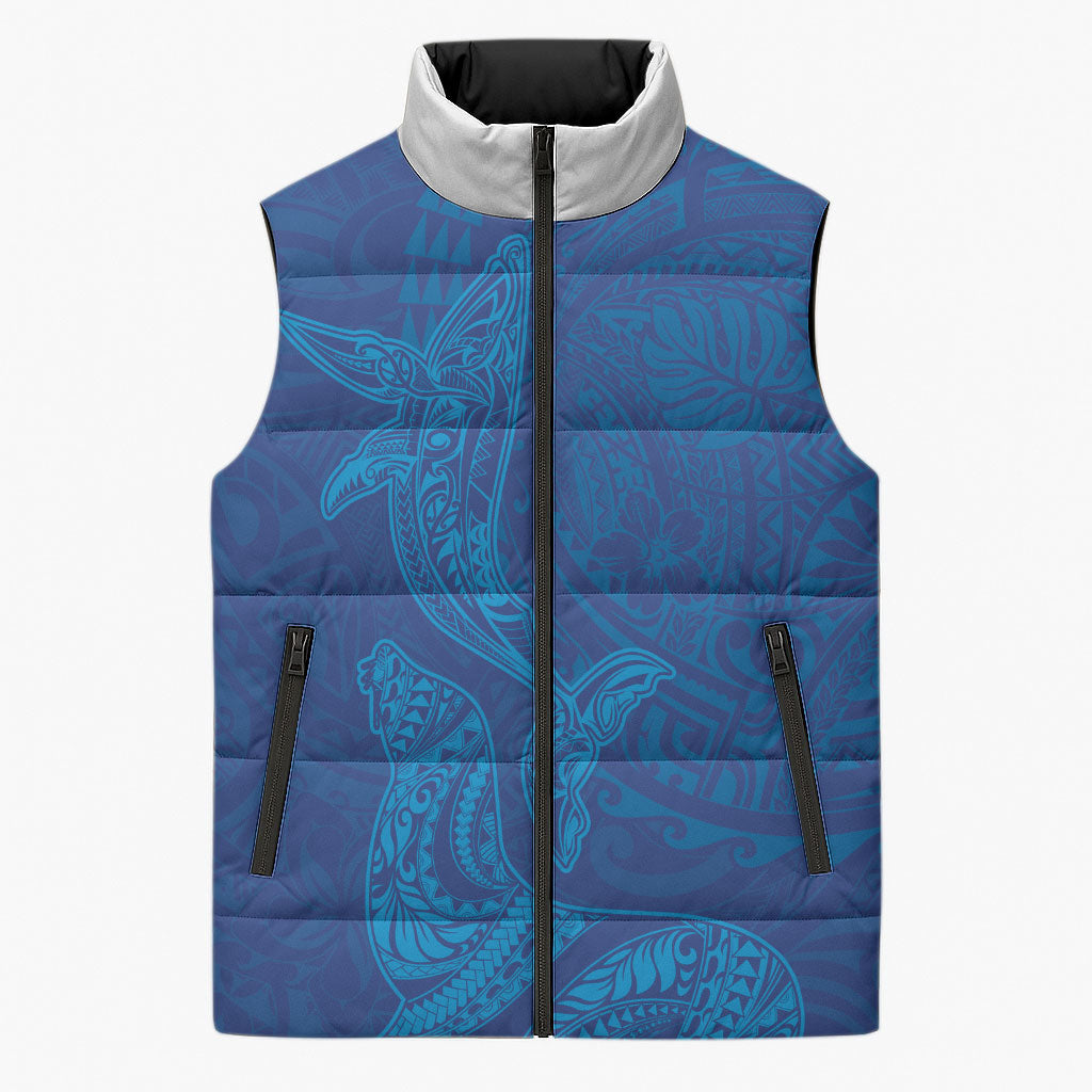 Hawaiian Monk Seal and Whale Sleeveless Puffer Jacket Kakau Tribal Pattern Blue Color