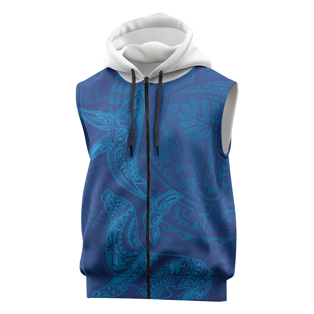 Hawaiian Monk Seal and Whale Sleeveless Zip Hoodie Kakau Tribal Pattern Blue Color