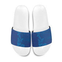 Hawaiian Monk Seal and Whale Slide Sandals Kakau Tribal Pattern Blue Color