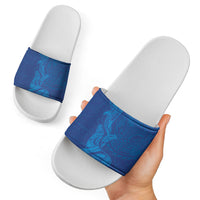 Hawaiian Monk Seal and Whale Slide Sandals Kakau Tribal Pattern Blue Color
