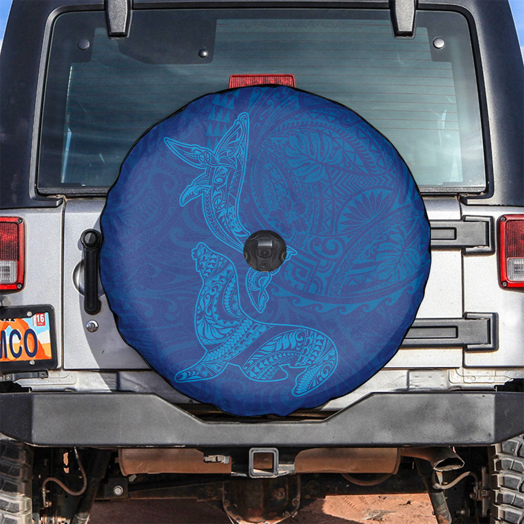 Hawaiian Monk Seal and Whale Spare Tire Cover Kakau Tribal Pattern Blue Color
