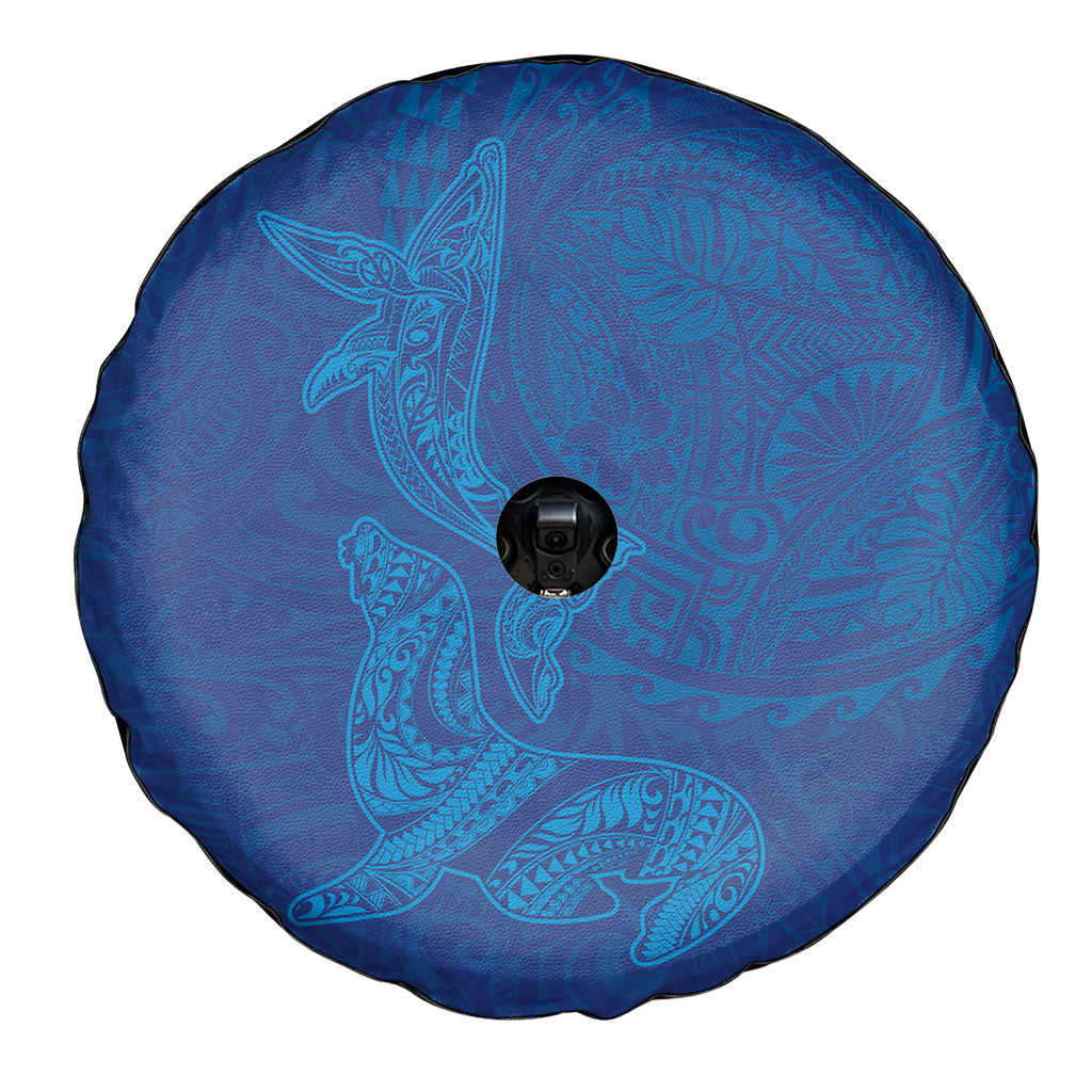 Hawaiian Monk Seal and Whale Spare Tire Cover Kakau Tribal Pattern Blue Color
