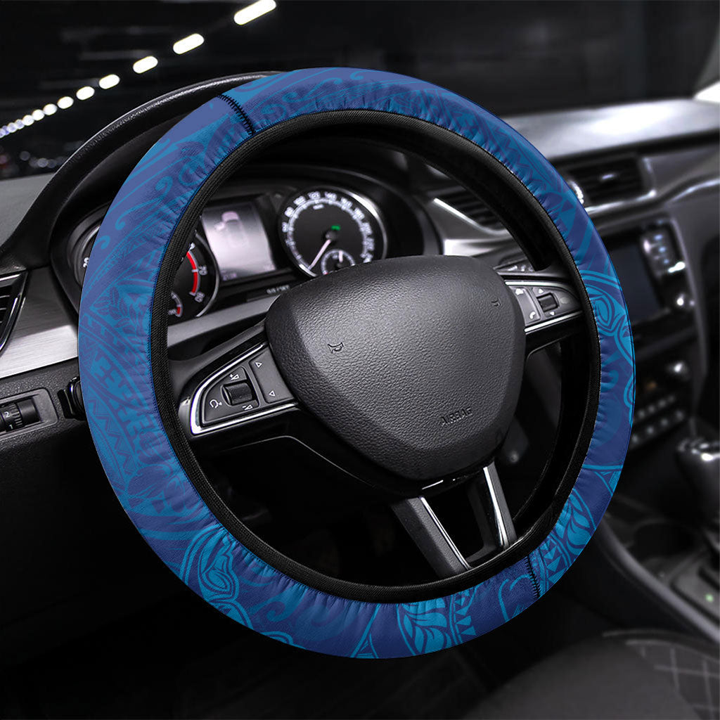 Hawaiian Monk Seal and Whale Steering Wheel Cover Kakau Tribal Pattern Blue Color